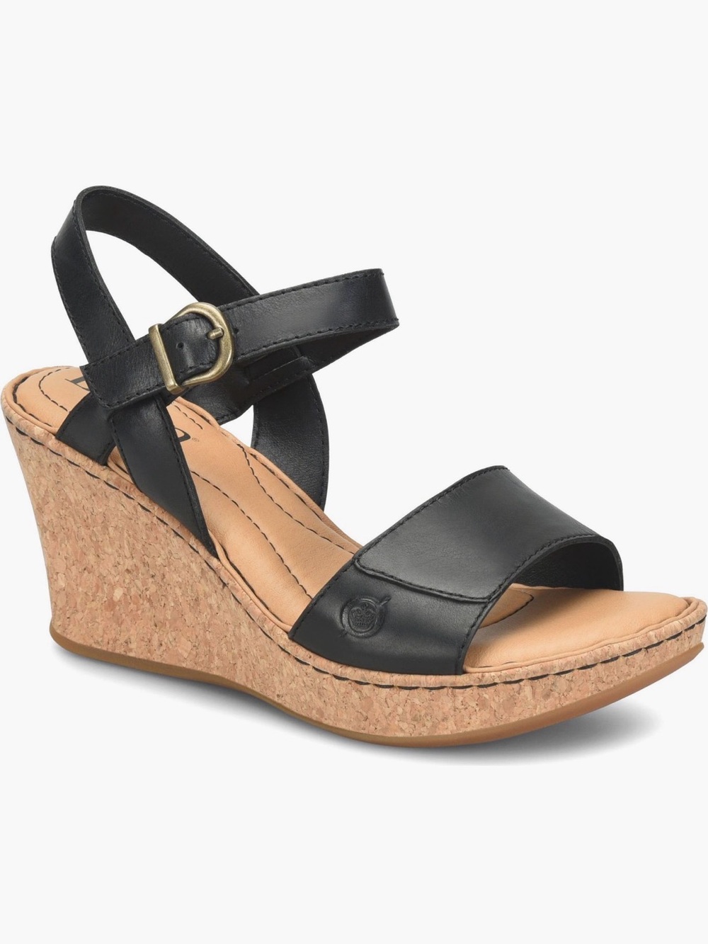 Born Janine Black Leather Cork Wedge Sandal
